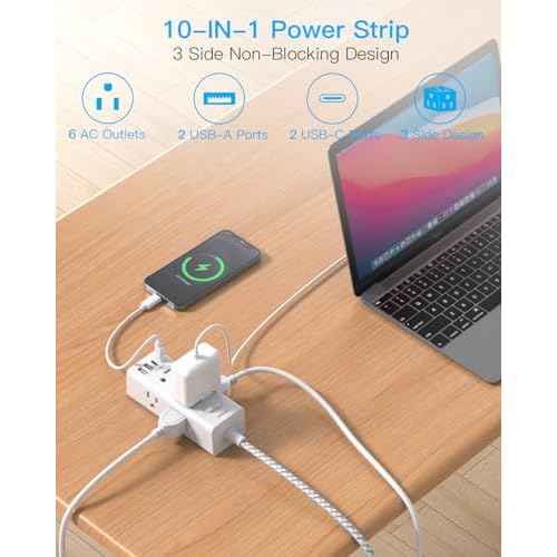 Power Strip Surge Protector - One Beat 6 Widely Outlets with 4 USB Ports (2 USB C), 5 Ft Extension Cord Flat Plug, Wall Mount Outlet Extender Small Power Strip for Travel Home Office College Dorm Room
