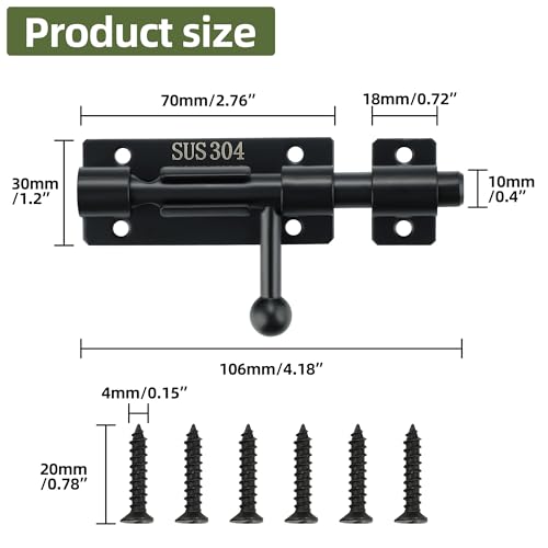 Alise 4 Inch Black Sliding Door Lock - Heavy Duty Stainless Steel Security Latch