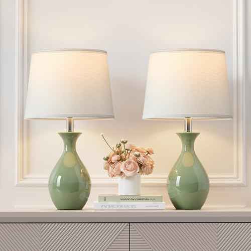PARTPHONER Table Lamp Set of 2, Modern Ceramic Bedside Lamps for Night Stands, Classic Small Lamp Nightstand Lamp for Bedroom Living Room Desk End Table Rocker Swtich Sage Green