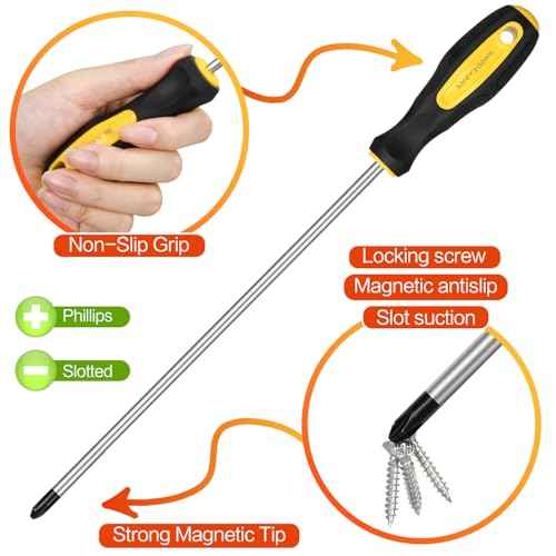 2pcs Long Magnetic Screwdriver Set, 12in Extra Long Phillips and Slotted Screwdriver, with Non-Slip Cushioned Handle Grip