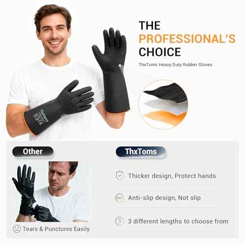 ThxToms Heavy Duty Rubber Gloves, Industrial Chemical Resistant Gloves Waterproof Reusable Protective Work Gloves for Cleaning, Dishwashing,Upgraded with Non-Slip Design, Black, 14" 1 Pair