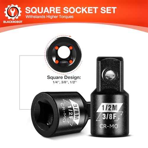BLACKROBOT 4 Piece Impact Socket Adapter Set, 1/4" 3/8" 1/2" SAE Drive Socket Adapter Set, Square Adapter and Reducer Conversion Set for Impact Driver Wrench, Cr-Mo Steel