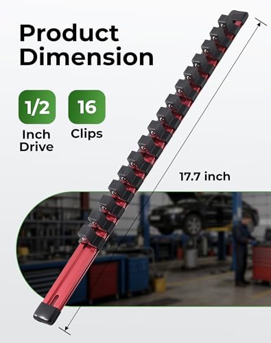 ALOANES 1/2-Inch Drive Heavy-Duty Aluminum Socket Organizer with 16 Clips (Red)