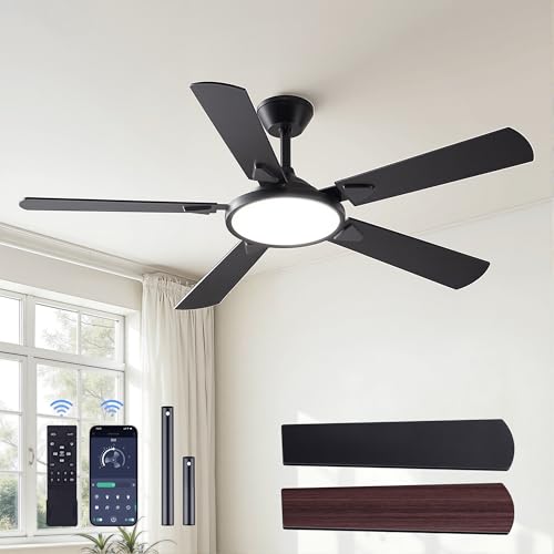 OJX 52 Inch Black Ceiling Fan with Lights, Remote & APP Control