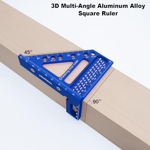 ViewReal Blue 3D Multi-Angle Aluminum Woodworking Square Ruler 22.5–90° Protractor