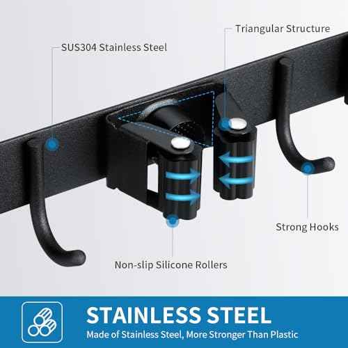 Broom Hanger and Mop Holder, Heavy Duty Garden Tool Organizer Rack Rake and Shovel Handle, Stainless Steel Wall Mounted Utility Rack with Screws (3 Racks with 4 Hooks, Matte Black).