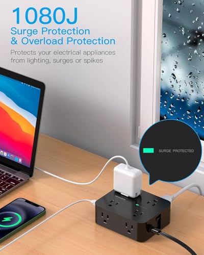 HANYCONY 5Ft Flat Power Strip Surge Protector with 12 Outlets & USB C
