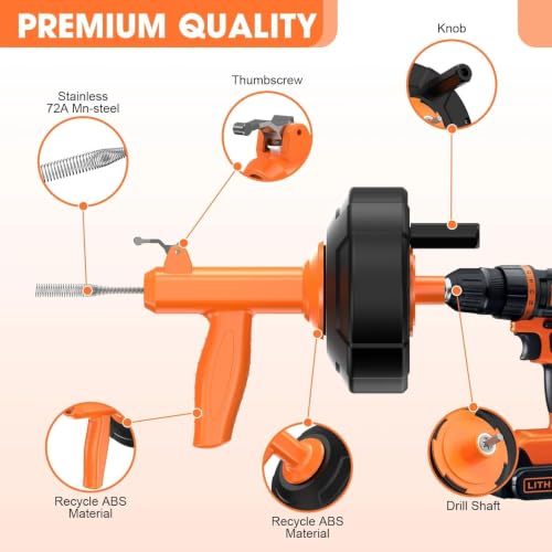 BACEYIOU Orange Auto Feed Drain Snake 25ft Flexible Plumbing Clog Remover