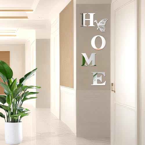 Home Letter Sign Wall Decor Living Room, Large Home Acrylic Mirror Wall Decor Stickers 3D Silver Wall-Stickers Decorations Family Walls Decals Mirror Decors with a Butterfly for Living Room Bedroom