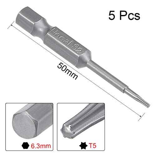 uxcell 5 Pcs T5 Magnetic Torx Screwdriver Bits, 1/4 Inch Hex Shank 2-inch Length S2 Screw Driver Kit Tools