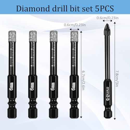 5 Pcs Dry Diamond Drill Bits Set 6mm Diamond Core Tile Drill Bits 1/4" Carbide Hole Saws 6mm Vacuum Brazed Masonry Set for Granite Tile Ceramic Marble Stone Glass Hard Material