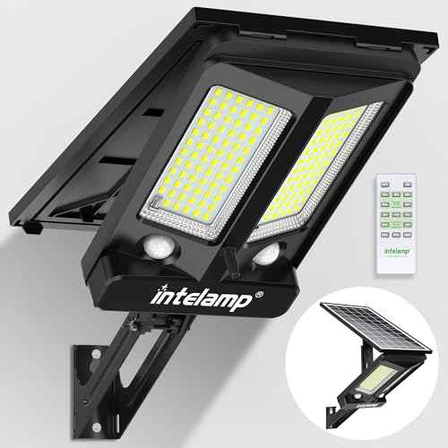intelamp Solar Street Lights Outdoor Waterproof 3000LM 12500mAh Dual Motion Sensor Dusk to Dawn Security Floodlight Lamp Outside, LED Flood Lighting Exterior with Remote for Parking Lots Patio Yard