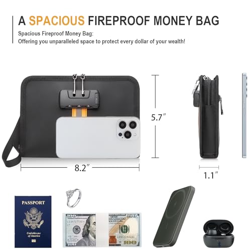 Black Fireproof Waterproof Money Bag with Lock 8x1.1x5 Inches for Cash & Cards