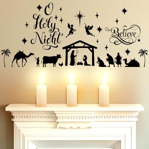 Chinco Large Christmas Nativity Scene Wall Decor Stickers Nativity Vinyl Wall Decal Christmas Decorations Religious Wall Murals Modern for Xmas Room Decor, Black (O Holy Night)