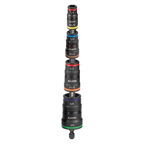 Klein Tools 32934 Impact Driver, 9-in-1 SAE Impact Socket Set, 4 Flip Sockets with 1/4, 5/16, 3/8, 7/16, 1/2, 9/16, 5/8, and 3/4-Inch Nut Driver Sizes with Bit Holder, 6-1/2-Inch Shaft