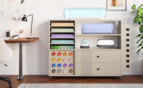 SunnyFurn 42'' Grey Cart for Cricut - Large Craft Table Workstation with 2 Drawers
