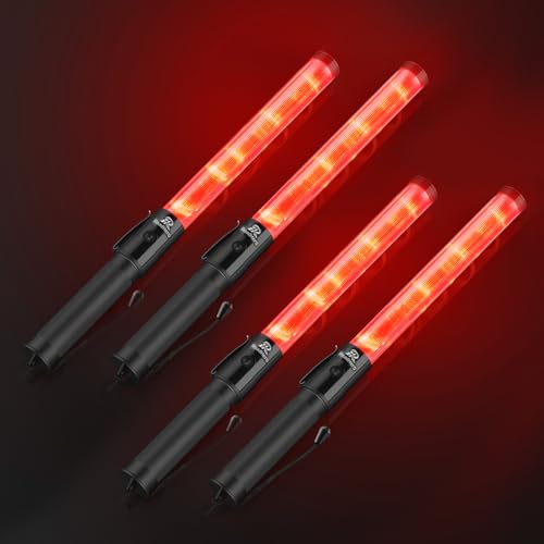 RoadHero 4 Pack Traffic Batons, 16 Inch LED Traffic Control Batons, Safety Light Wands with 2 Flashing Modes, Air Marshaling Signal Wand with Side Clip for Airport, Parking, Car Directing