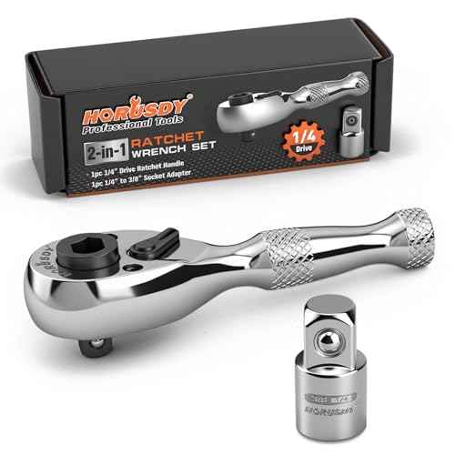 HORUSDY 1/4-Inch Stubby Ratchet Wrench Set, Chrome Alloy 90-Tooth Reversible 1/4" Drive Handle with Magnetic Bit Driver & 1/4" to 3/8" Adapter, Compact Socket Wrench for Tight Spaces, Auto, DIY