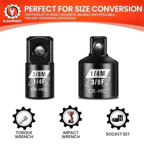 BLACKROBOT 2PCS Socket Adapter and Reducer Set, 3/8" to 1/4" & 1/4" to 3/8" Impact Socket Set, SAE Drive Cr-Mo Steel Exceeds ANSI Standards, Square Drive for Impact Driver Wrench