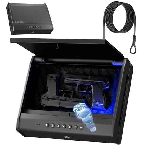 Biometric Gun Safe For Handgun, Pistol Safe with Fingerprint/Backlit Keypad/Keys, 3 Quick Access Handgun Safe fits 2-3 Pistols, Gun Case with Interior LED Cable for Nightstand Car Large Size