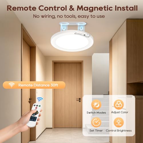 DiDiSky 6-Color Rechargeable Motion Sensor Ceiling Light with Remote, Magnetic Mount, Dimmable LED for Closet Pantry Hallway - 1 Pack