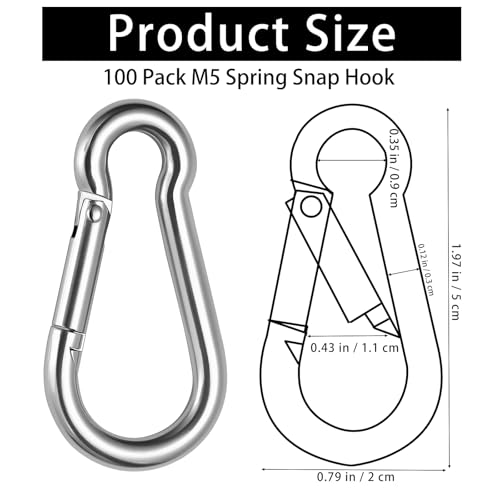 100 Pack M5 Spring Snap Hooks - Heavy Duty Galvanized Steel Carabiners for Camping Hiking Fishing