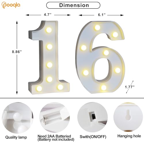 Pooqla White Plastic Marquee Number Lights 16th Birthday Decorations - Set of 2