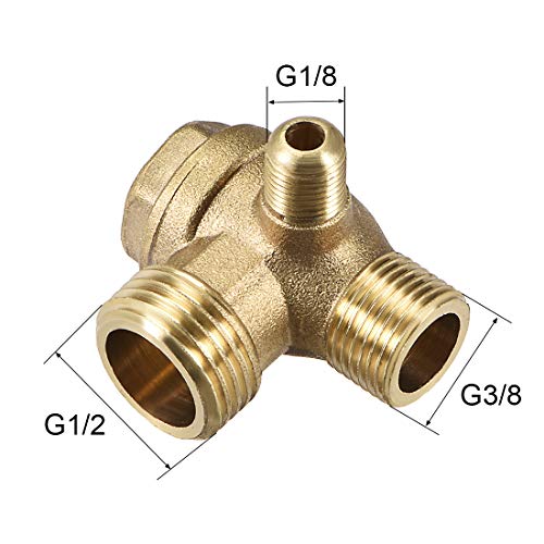 uxcell Air Compressor Check Valve, 3/8Gx1/2GxM10 Male Thread, 3 Way Pneumatic Accessory, Brass for Central Pneumatic Air Compressor