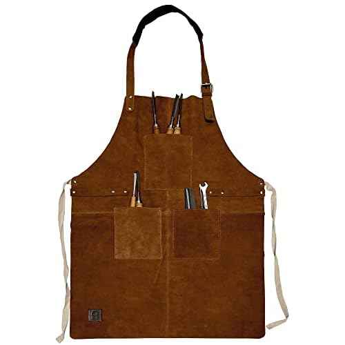 RUSTIC TOWN Leather Grill Work Apron with Tool Pockets ~ Adjustable up to XXL for Men & Women ~ Leather Tool Apron
