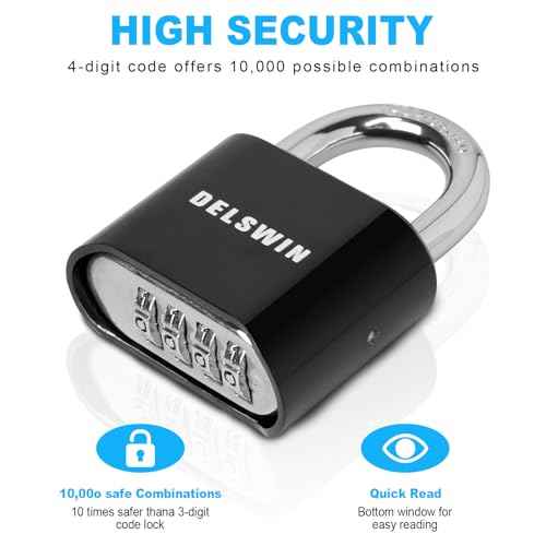DELSWIN 4-Digit Combination Lock Outdoor Padlock - Heavy Duty Locker Lock with Hardened Steel Shackle, Waterproof Combo Lock for Gym Locker, Hasp Storage, Shed, Fence, Gate (Black,1Pcs)