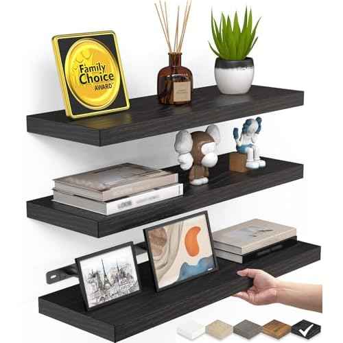 BAYKA Floating Shelves for Wall, Wall Mounted Rustic Wood Shelves for Bathroom, Bedroom, Living Room, Kitchen, Hanging Shelf for Books/Storage/Room Decor with 22lbs Capacity (Black, Set of 3, 15.7in)