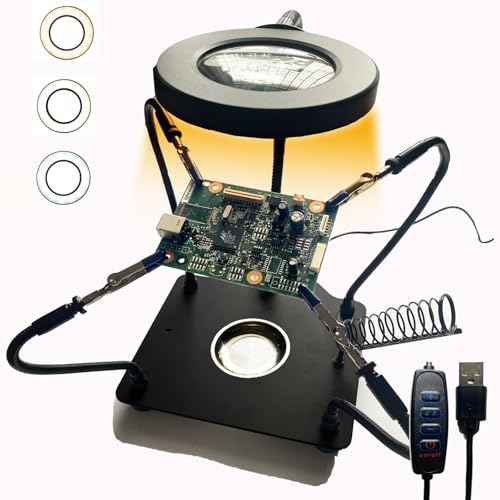 Soldering Station Helping Hands with Magnifying Glass with Light Third Hand Solder Tool Circuit Board Welding Kit PCB Holder Heavy Duty Base Plate | Four Flexible Arms
