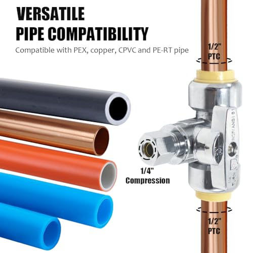TTFLEX 1/2" x 1/2" x 1/4" Brass Push-to-Connect Tee Valve - Shut Off, Heavy Duty