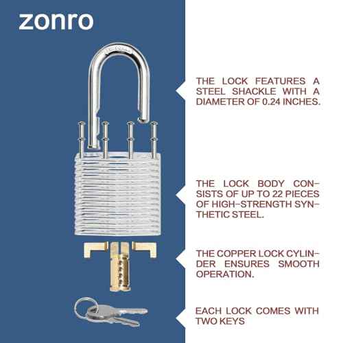 ZonRo Locks Laminated Steel Keyed Padlocks,Keyed Alike Locks, 1-9/16 inch Wide,Long Shackle Padlocks, Pack of 12£¬Orange Hoop, for Hasp Latch, Sheds, Fences, Storage Locker, School, Gym