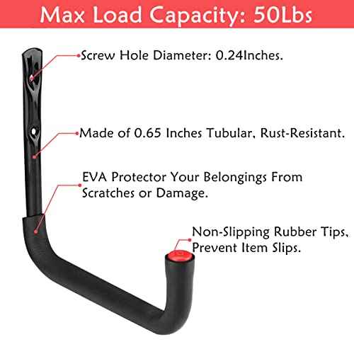 Garage Storage Ladders Hooks, 6 Pack Heavy Duty Utility Hanger, 9.8IN Wall Mount Rack Safely Holds 50 Pounds