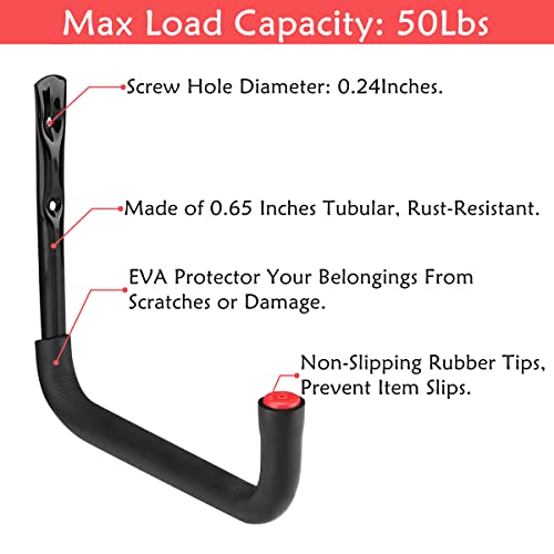 Heavy Duty Garage Wall Mount Hooks - 6 Pack, 50 lbs Capacity for Ladders, Tools & Bicycles