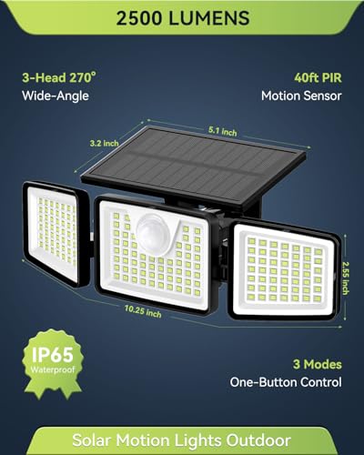 Daphino 2500LM Solar Motion Sensor Outdoor Lights 3-Head Non-Remote 2 Pack