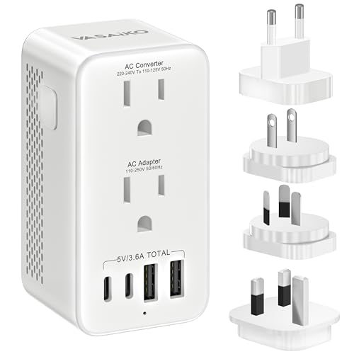 VASAIKO White Travel Voltage Converter US to Europe with 2 USB-C & 2 USB-A Ports, UK/AU/US/IT/European Plugs
