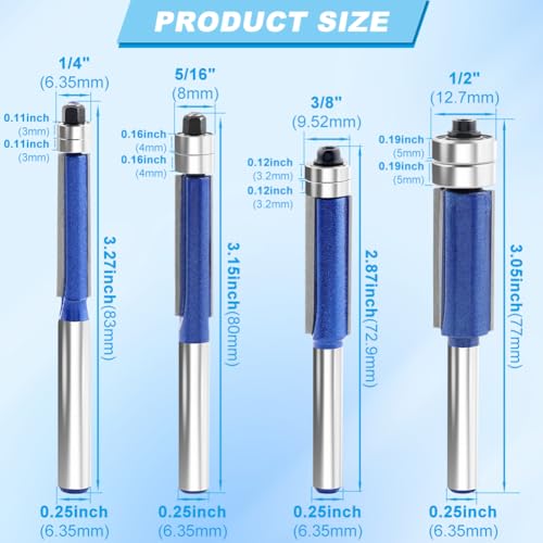 4 Pcs Flush Trim Router Bit Set, 1/4" Shank, Top Bearing, Includes 5/16", 3/8", 1/2" Diameters ? High-Value Router Bits for DIY and Professional Woodworking