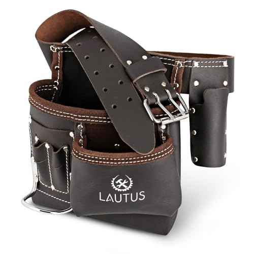 LAUTUS 5 Pocket Oil Tanned Leather Tool Belt - Multifunctional Tool Pouch/Bag/Apron Carpenter, Construction, Framers, Handyman, Electrician | 30-Inch to 46-Inch | Brown| Hammer Holder| Built Tough|