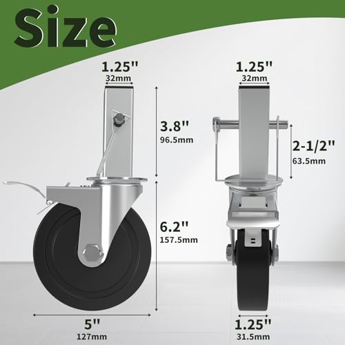 OK5STAR 5 Inch Steel Scaffold Wheels Set of 4 with Dual Locking Brakes and Square 1-1/4" Stem