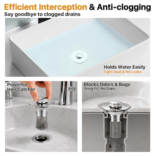 PixTok 2PCS Bathroom Sink Stopper Set with Strainer & Filter, Universal Drain Plug