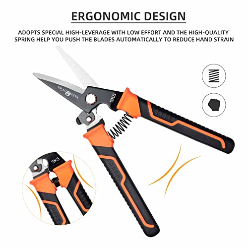 Heavy Duty Scissors, 9 Inch Multipurpose Carpet Cutting Scissors with Finely Serrated, Steel Shears Spring Loaded Snips for industry home for Copper Wire, Cardboard, Fabric, Tree Branches