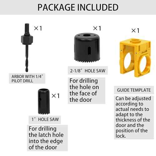 RKK 1-3/8" - 1-3/4" Door Lock Installation Kit Door Hole Drilling Kit for Wooden Doors, Hole Saw Kit with Guide Template Jig Hole Saw Pilot Bits (Yellow)