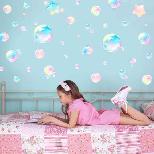 Iridescent Bubble Wall Decals Round and Star Shape, Watercolor Rainbow Bubble Stickers for Kids Room, Nursery, Bathroom, Playroom, or Window Decor