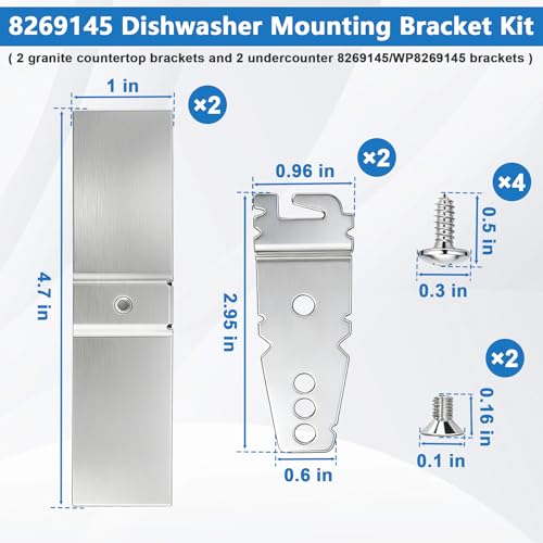 BigHead 8269145 Granite Countertop Dishwasher Mounting Bracket Kit — 2 Sets, Pre-Attached Self-Adhesive Pads Included