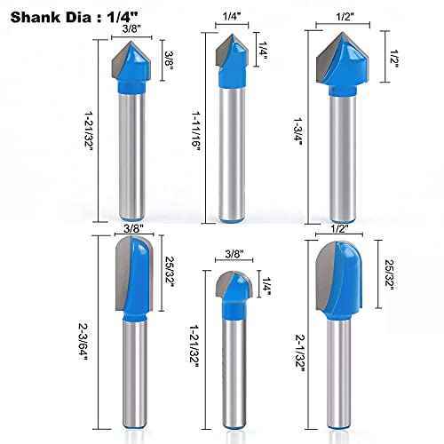 Newdeli 6Pcs Round Nose Router Bit and 90 Degree V Groove Router Bit Set 1/4" Shank Cove Box Router Bits Juice Groove Router Bits CNC Woodworking Tool