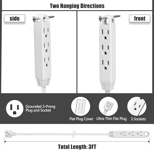CABOCASA 3FT Flat Plug Extension Cord Power Strip 3 Outlets White-Down