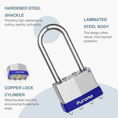 Puroma Lock 1 Pack Padlocks, 2¡± Long Shackle Heavy-Duty Locks with 2 Keys, 40mm Hardened Steel Keyed Alike Padlocks for Sheds, Gates, Fences, Toolbox, Outdoor and Indoor Use£¨Silver£©