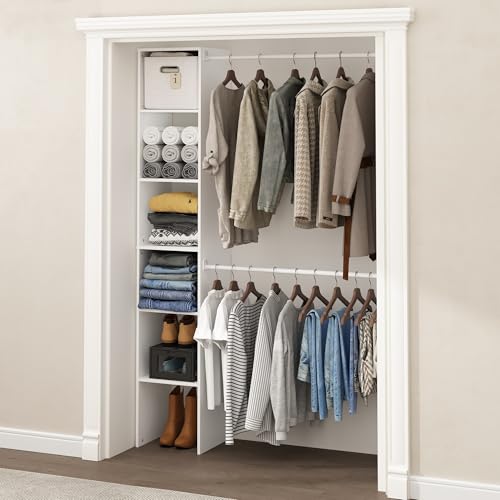 Furinno FANO White 5-Tier Closet Organizer with 2 Hanging Bars, Adjustable Shelves